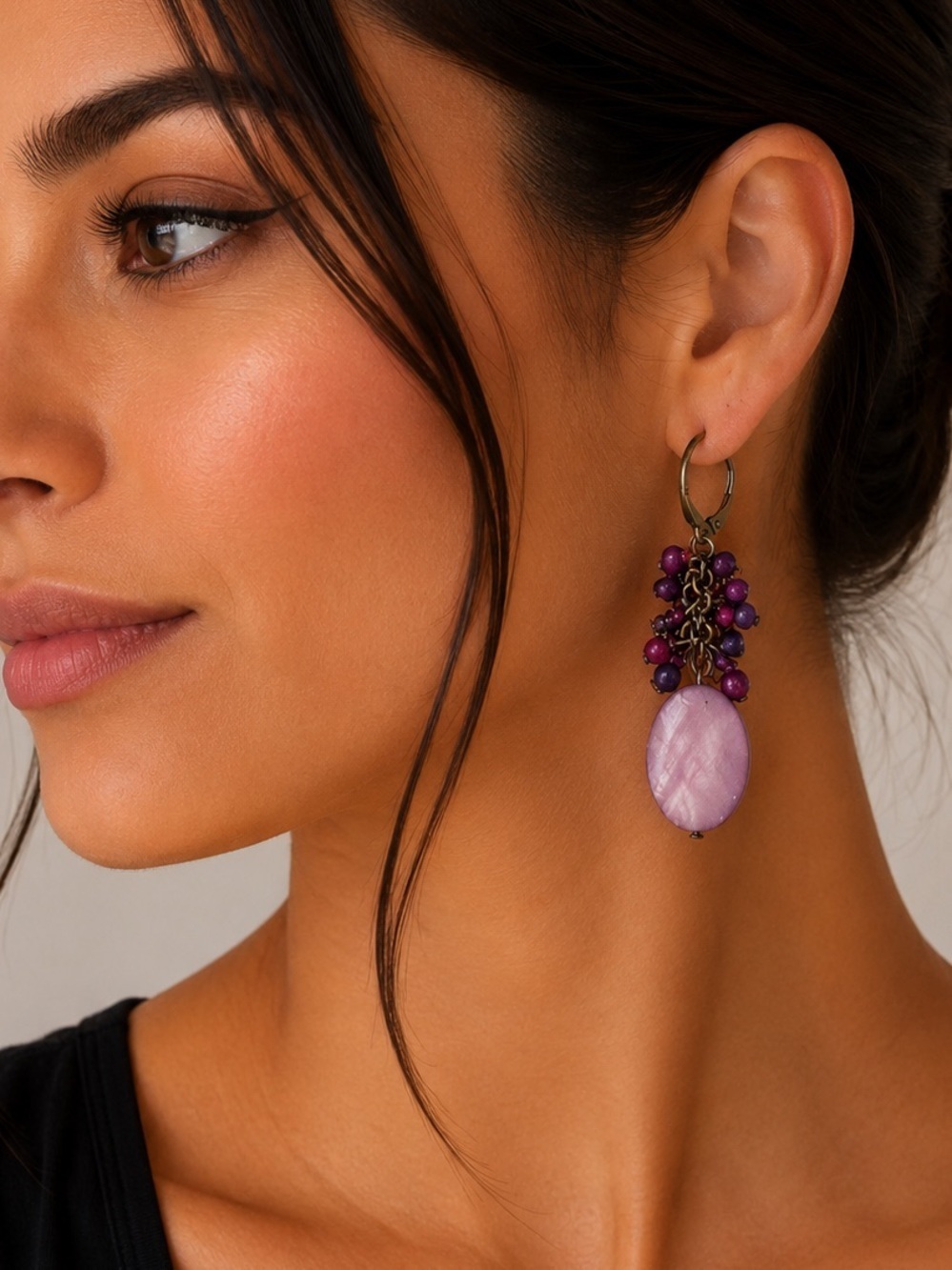 Silver Tone Purple Beaded Drop Dangle Earrings Casual Minimalist Funky Boho